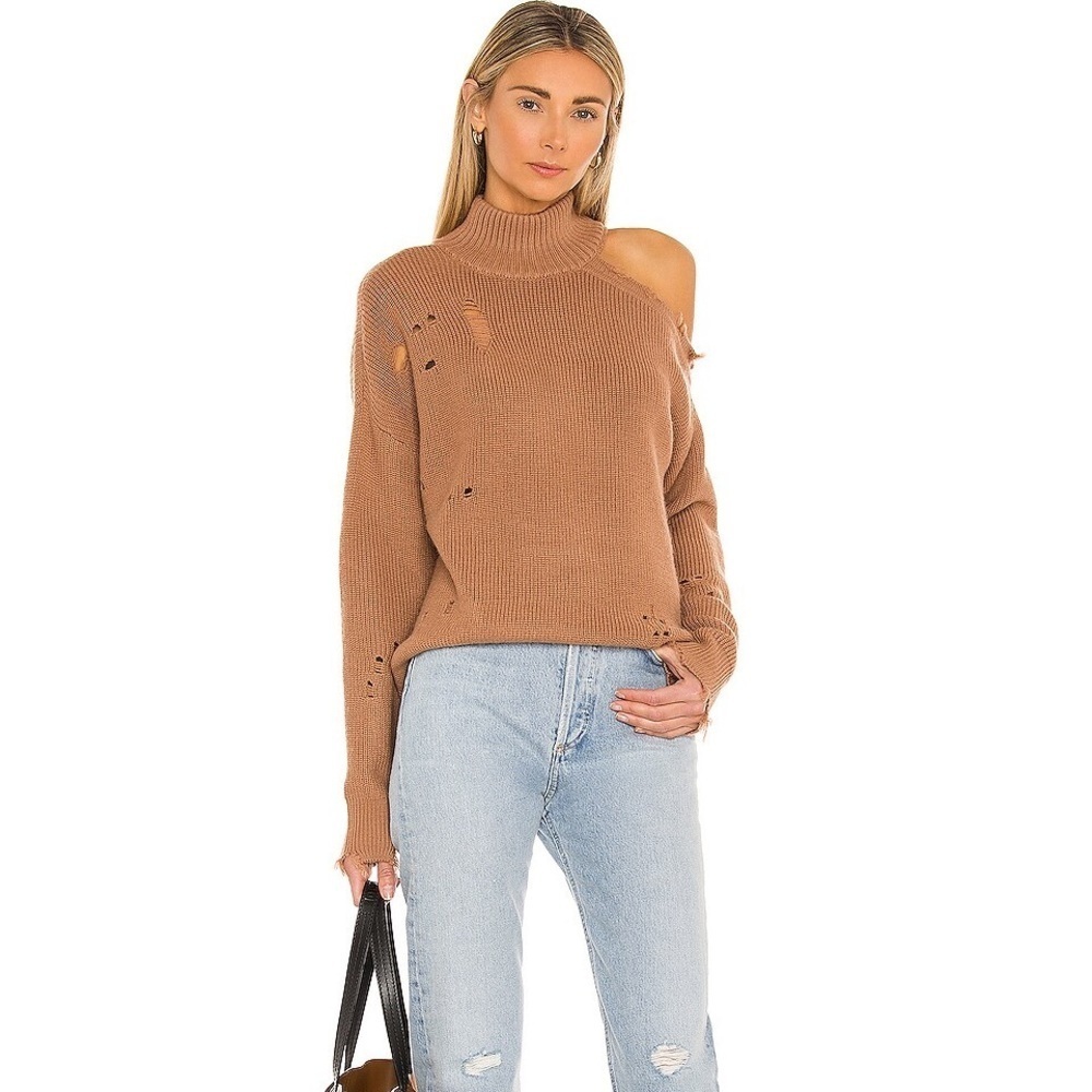 Lovers + Friends Arlington Part-Wool Off-the-Shoulder Tan Sweater
